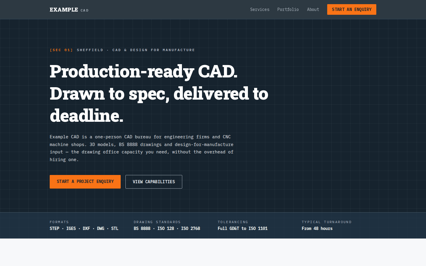 Homepage of the Example CAD Works demonstration site: a dark blueprint-style hero headed 'Production-ready CAD. Drawn to spec, delivered to deadline', with orange enquiry buttons and a technical specification strip along the footer.